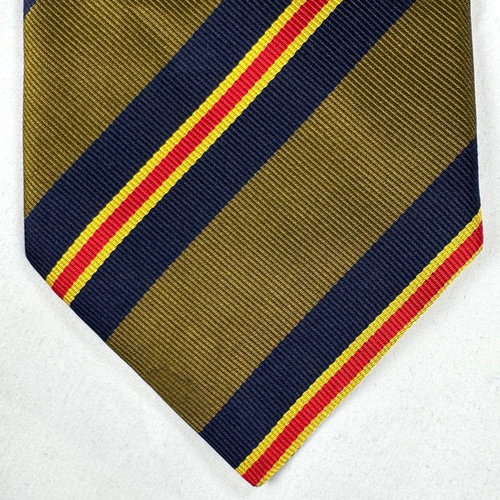 Vintage 1990s J McLaughlin Olive Navy Regimental Stripe Silk Tie USA Wide 3.75" - Picture 4 of 5